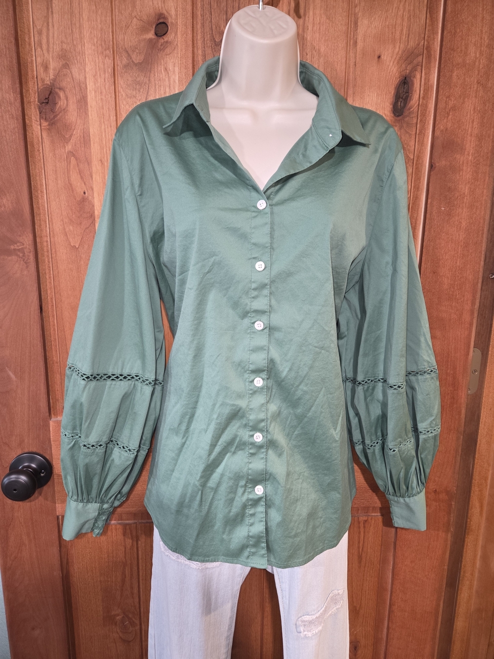 Chico's Sage Green Button-Down Shirt with Balloon Sleeves